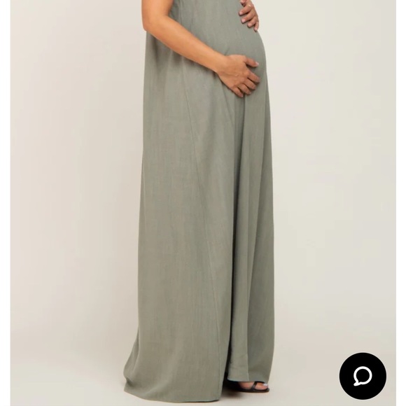 Light Olive Linen V-Neck Tie Strap Maternity Maxi Dress (PINKBLUSH) - Picture 6 of 8